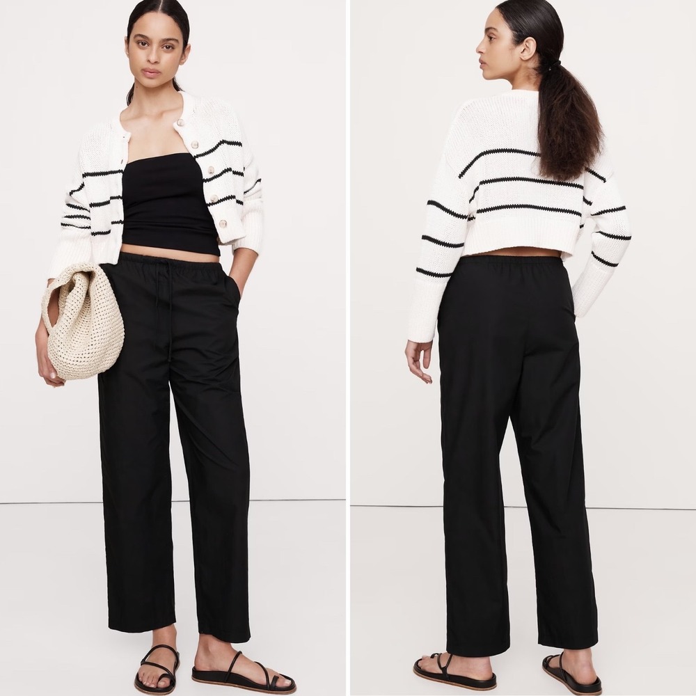 Banana Republic Cotton Poplin Pull-On Pants Large Black High Rise NWT Pockets - Picture 3 of 14